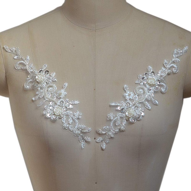 Zthread Bling Paillette Rhinestones Lace Appliques Pearl Beaded Bridal Applique Sewing Patch for DIY Wedding Belt Shoes Ivory (2 Pieces) - Image 5